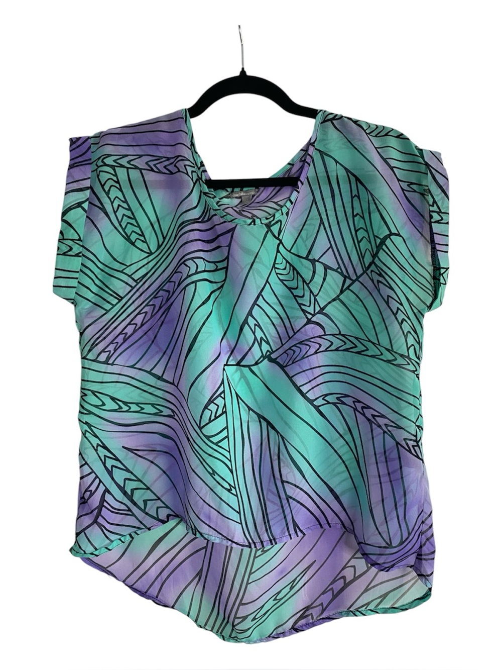 Charlotte Russe Sheer Whimsical Abstract Blouse XS Teal Purple